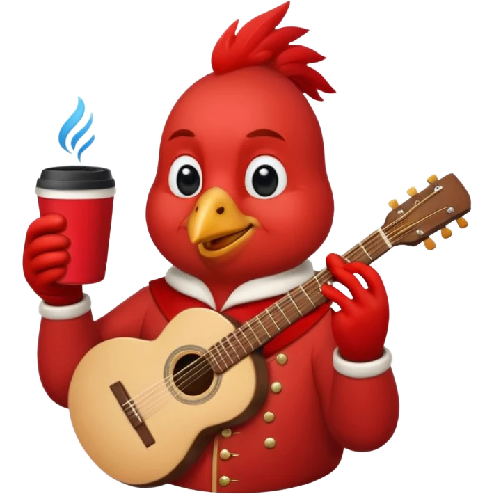 Happy cardinal with guitar and a cup of coffee emoji