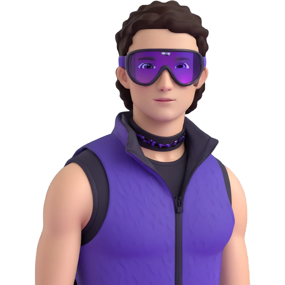 close-up of male athlete with white skin and moderately curly dark brown hair on top with shaved sides, wearing ski goggles with purple frames and very dark black lenses, a simple plain black chain necklace, and a completely unzipped sleeveless vest with purple and black sequin fire pattern design with no logo, with an arrogant smug smirk on his face, looking confident and cocky emoji
