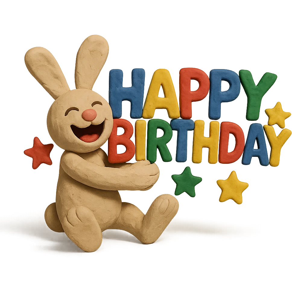 laughing bunny hugging 'Happy Birthday' letters with stars, full body, claymation style emoji
