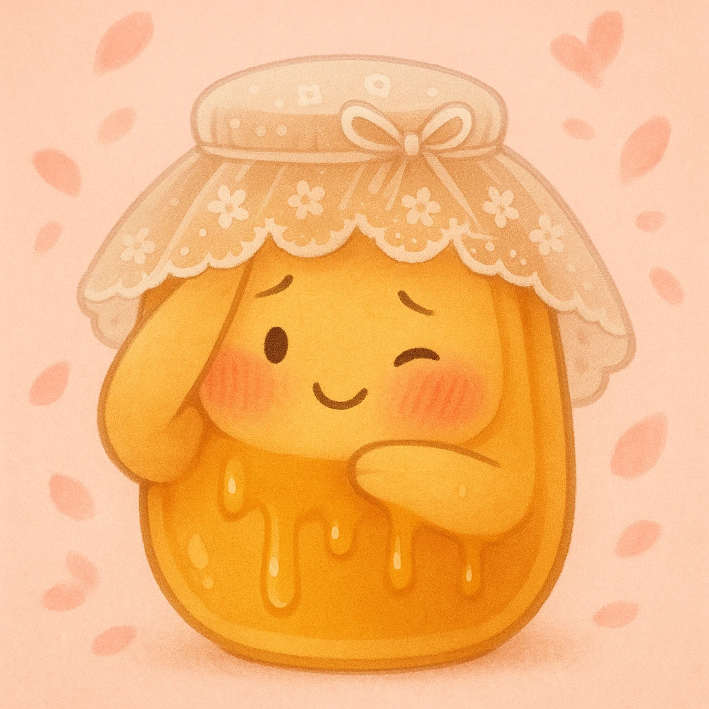 shy honeypot peeking from behind its arm, lace veil, rosy cheeks, gentle smile, honey drips gently, blush pink background with flower petals emoji