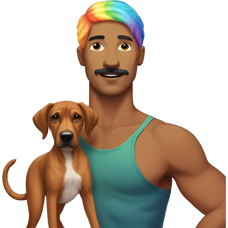 white male with rainbow colored hair and a curled mustache standing alongside a brown rhodesian ridgeback dog emoji