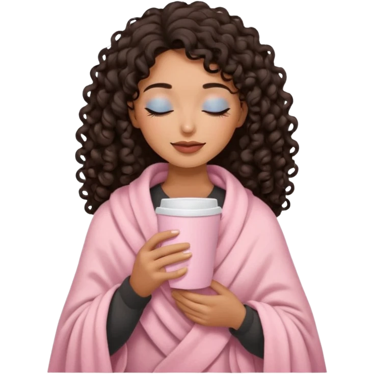 hispanic woman, brown skin, black long 3b curls, closed eyes, feminine face, holding soft pink coffee cup with beige blanket over shoulders emoji