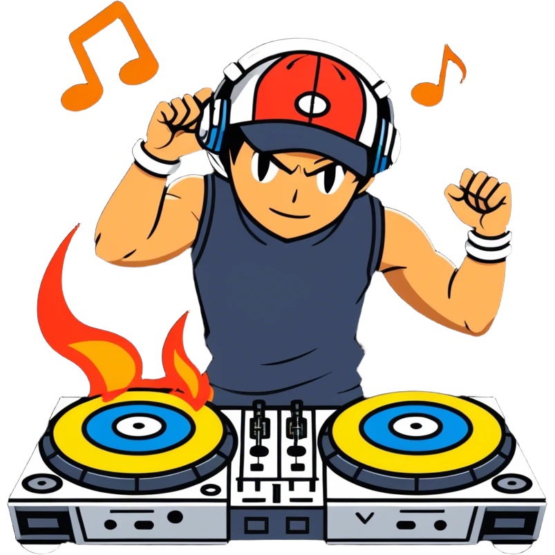 Hot handsomeb muscular 6ft tall ash ketchum being a  dj and his music is on fire while face to face with a dancing dude emoji