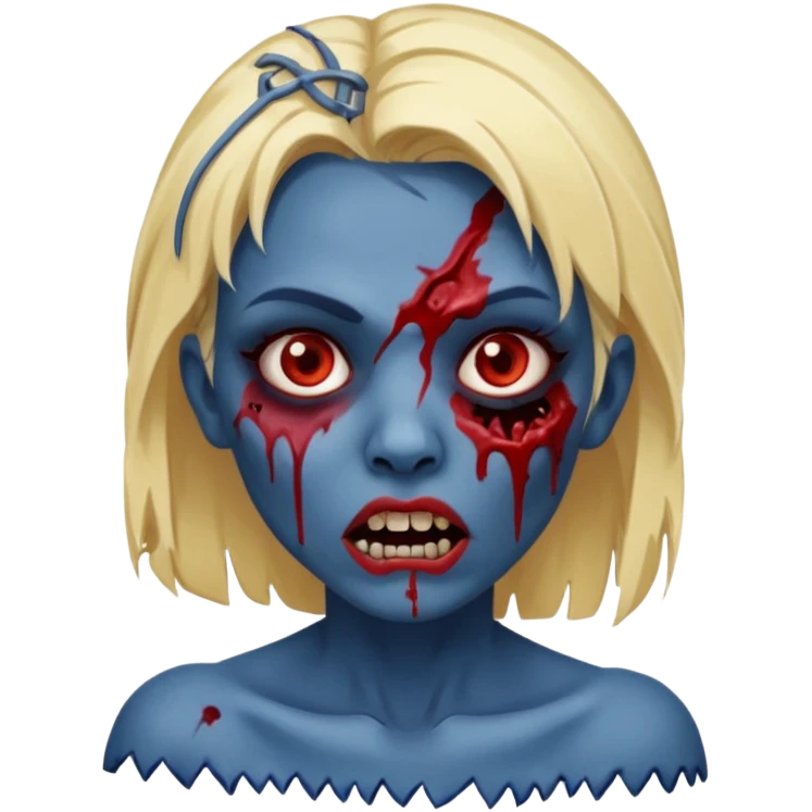 zumbi feminino com cortes no rosto, olhos baixos e vermelhos, cabelo loiro e rosto azul escuro, boca e olhos sangrando emoji