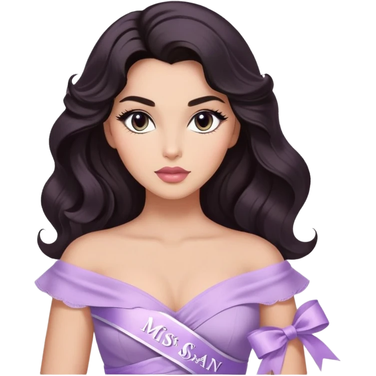A woman with almond-toned skin, dark voluminous hair in waves, expressive eyes with soft lashes and shimmer, full lips with a glossy nude-pink color, wearing a lavender top and a white sash with “Miss San Juan” in black letters, exuding elegance and confidence emoji