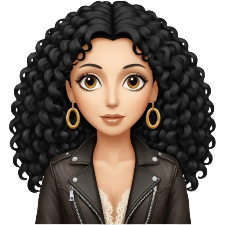 realistic cinematic singer Cher in a typical rocker's attractive outfit with leather and lace, half-naked, huge curly hair like in the video If I Could Turn Back Time emoji