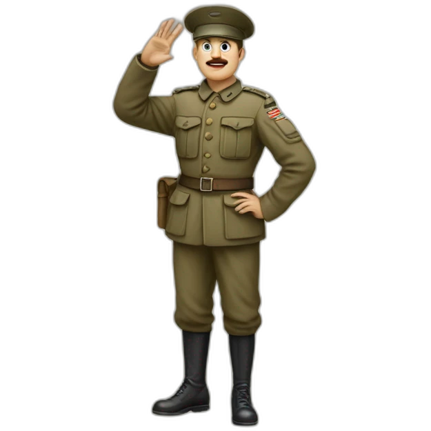A man in a soldier suit from world war one raising their right hand vertically to around 45 degrees. His arm is stretched out, not bent at all. and his face is shown emoji