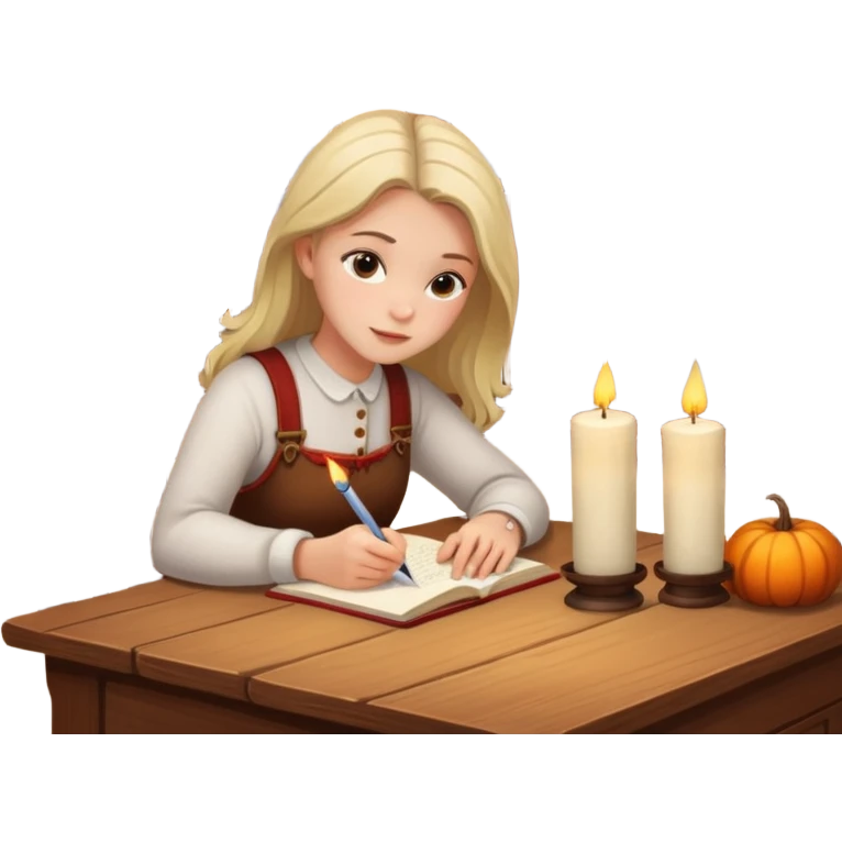 Girl writing in a journal on a desk with a candle on it, window with fall scenery in background emoji