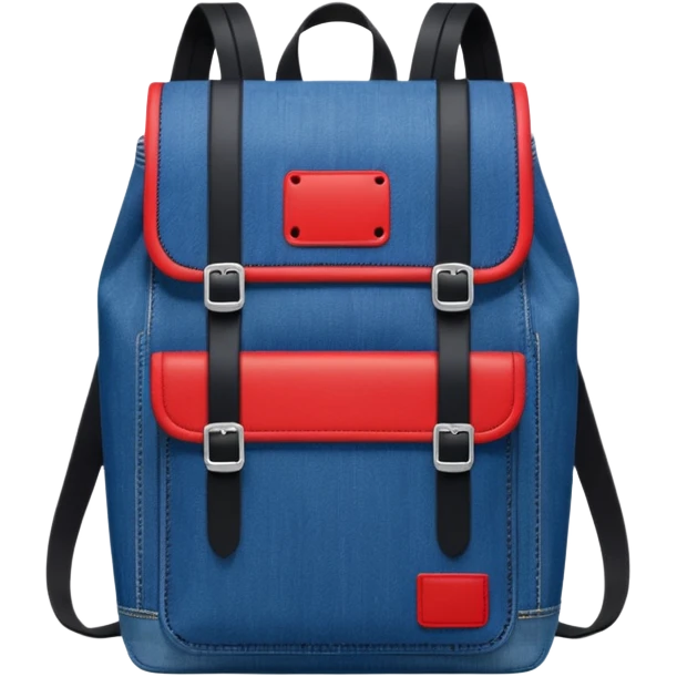 Minimalist emoji-style icon of a stylish blue denim backpack with a flap top, two vertical black buckle straps, a large red-white-navy horizontal block in the center, and two zipper side pockets. Inspired by Tommy Jeans design. Front view, cartoon-like, clean design.

 emoji