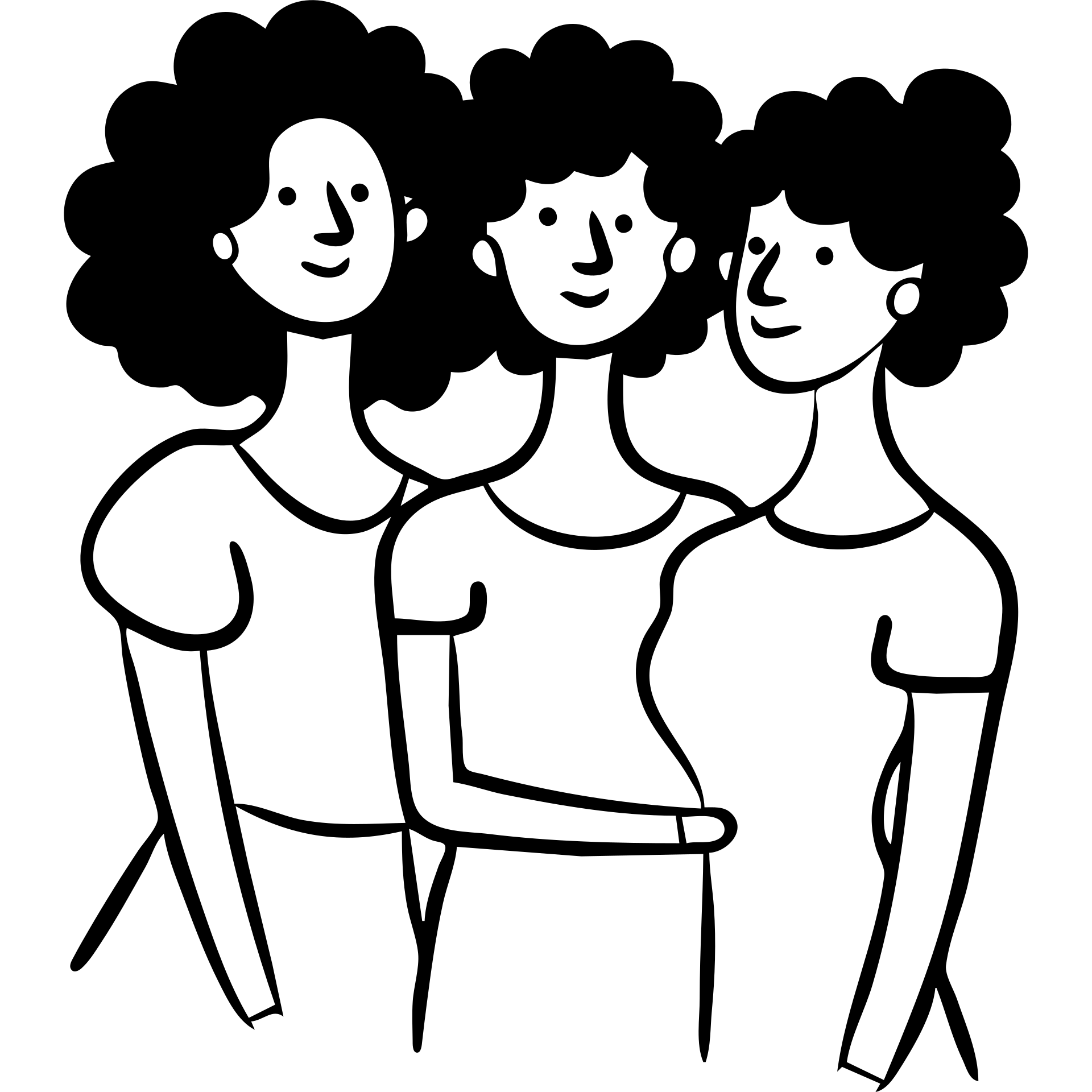 Three women with curly hair standing together, two with shoulder-length black curly hair and one with short black curly hair emoji