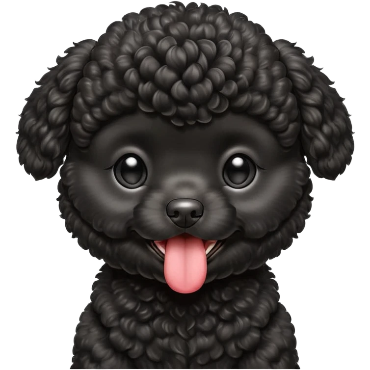 A high-resolution square-format digital illustration of a black toy poodle puppy in a clean, emoji-inspired semi-realistic style. The poodle is shown from the chest up, facing forward with a slight tilt of the head to the left, tongue out playfully. emoji