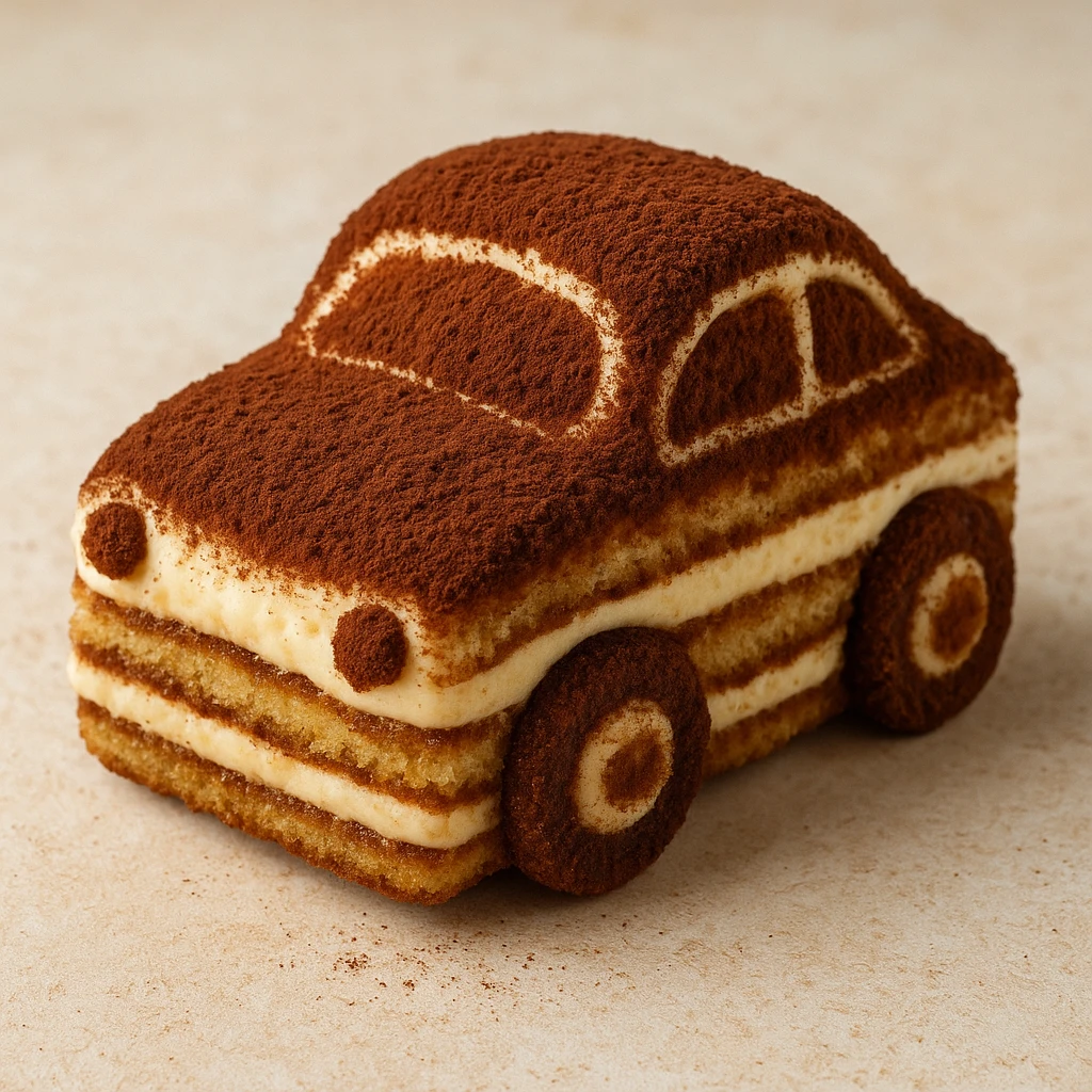 a small car made from tiramisu, with layers of coffee-soaked cake and mascarpone, dusted cocoa on top, whimsical and appetizing, dessert-themed, fun and edible look emoji