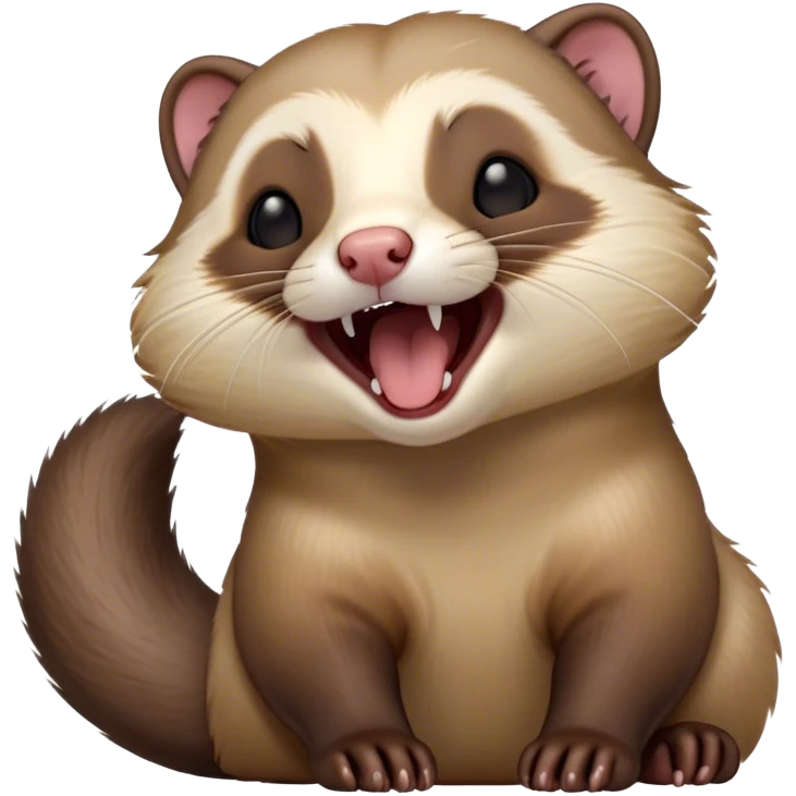 Cinematic Cute Yawning sable ferret Portrait Emoji, Head tilted slightly with an exaggerated, wide-open yawn, showcasing a long, flexible body with a plush fur in soft brown and cream, droopy, drowsy eyes, and a relaxed expression, Simplified yet irresistibly endearing features, highly detailed, glowing with a soft, cozy natural glow, high shine, relaxed yet expressive, stylized with a dash of whimsical charm, soft glowing outline, capturing the essence of a sleepy yet affectionate sable ferret that seems ready to curl up for a nap! emoji