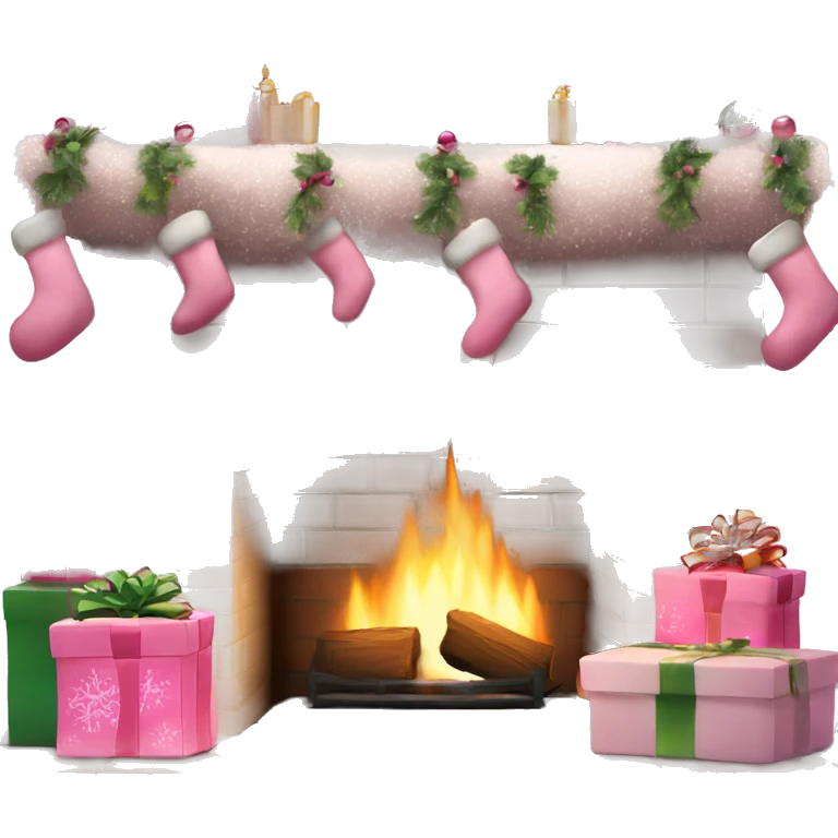 A cozy white brick fireplace with pink Christmas decor emoji