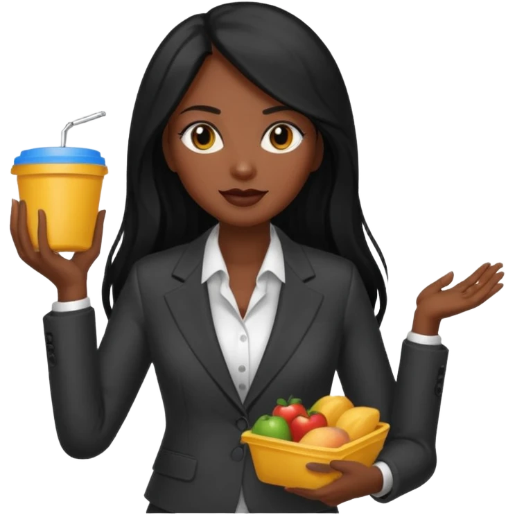 dark long haired woman with suit holding food container emoji