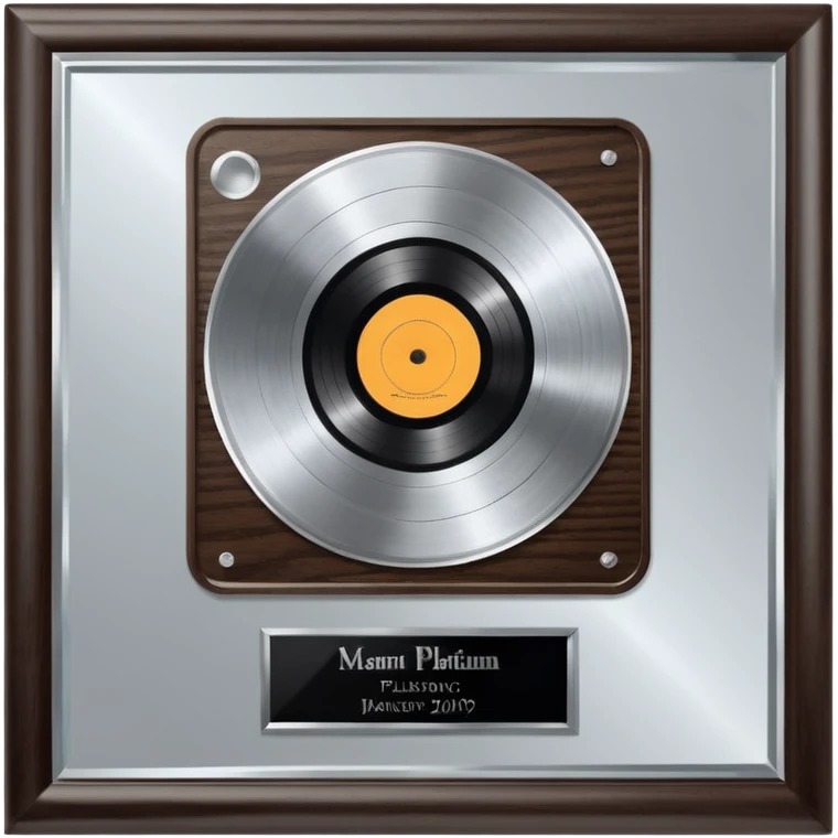 A platinum music award plaque: a square, polished platinum plate with a subtly textured, mirror-like finish, mounted on a simple dark wood base. The center features a relief of a or stylized vinyl record in a slightly darker metallic tone.  emoji