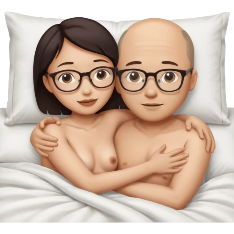 asian woman who does NOT wear glasses  and slightly balding asian man who is wearing glasses naked in bed hugging emoji
