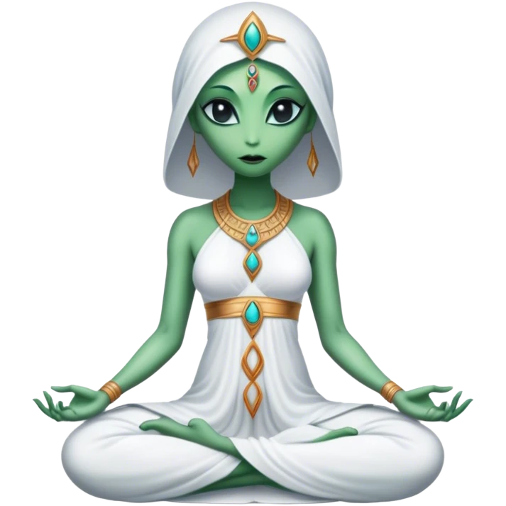 a Reptilian alien woman,in meditation, white dress like a priestess emoji