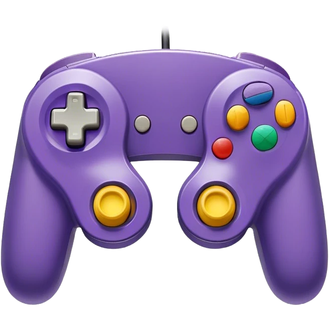 Clash of Clans aesthetic: Cinematic Playful GameCube Controller Portrait Emoji, rendered in a 3D vector-style similar to standard emojis with minimal shading and bold, simplified shapes. A compact, distinct form with signature details, softly glowing with a nostalgic gaming charm. Simplified yet unmistakably iconic, highly detailed and consistent, glowing with a soft radiance and high shine. Stylized with a touch of retro gaming magic and a soft glowing outline, capturing the essence of a beloved gaming relic with a friendly, playful manner! emoji