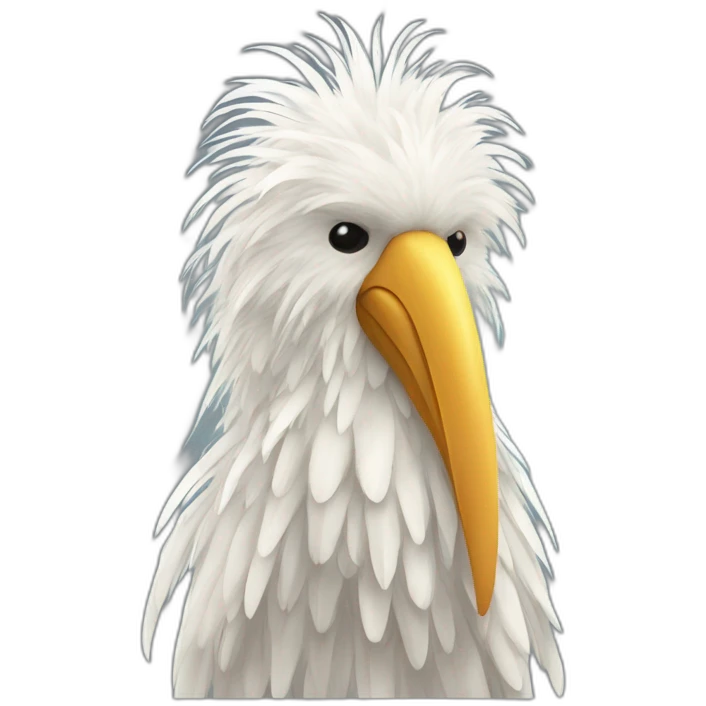  Very tall humanoid white shaggy bird with long feather-like fur and a very long beak emoji