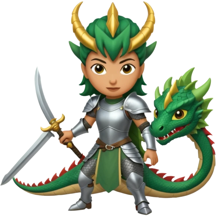 Fierce Latina in armor with a sword cutting off the head of a dragon emoji