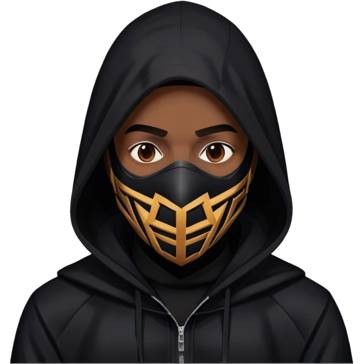 man with black hooded jacket and a full black full-face geometric mask emoji