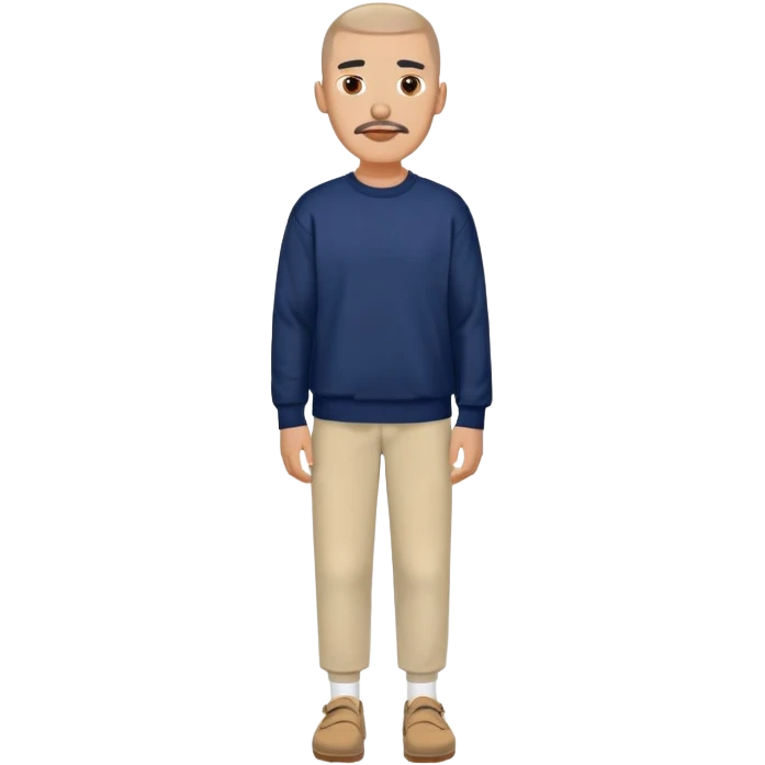 Un homme avec une buzz cut , un bouc une moustache des yeux marrons une boucle d’oreille. Habillé avec un sweat bleu marine et un pantalon blanc et des birk beige  emoji