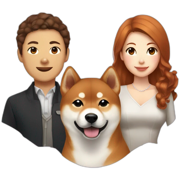 A pretty Shiba and a large white Hokkaido accompanied by their mistress, a woman with curly auburn hair. emoji
