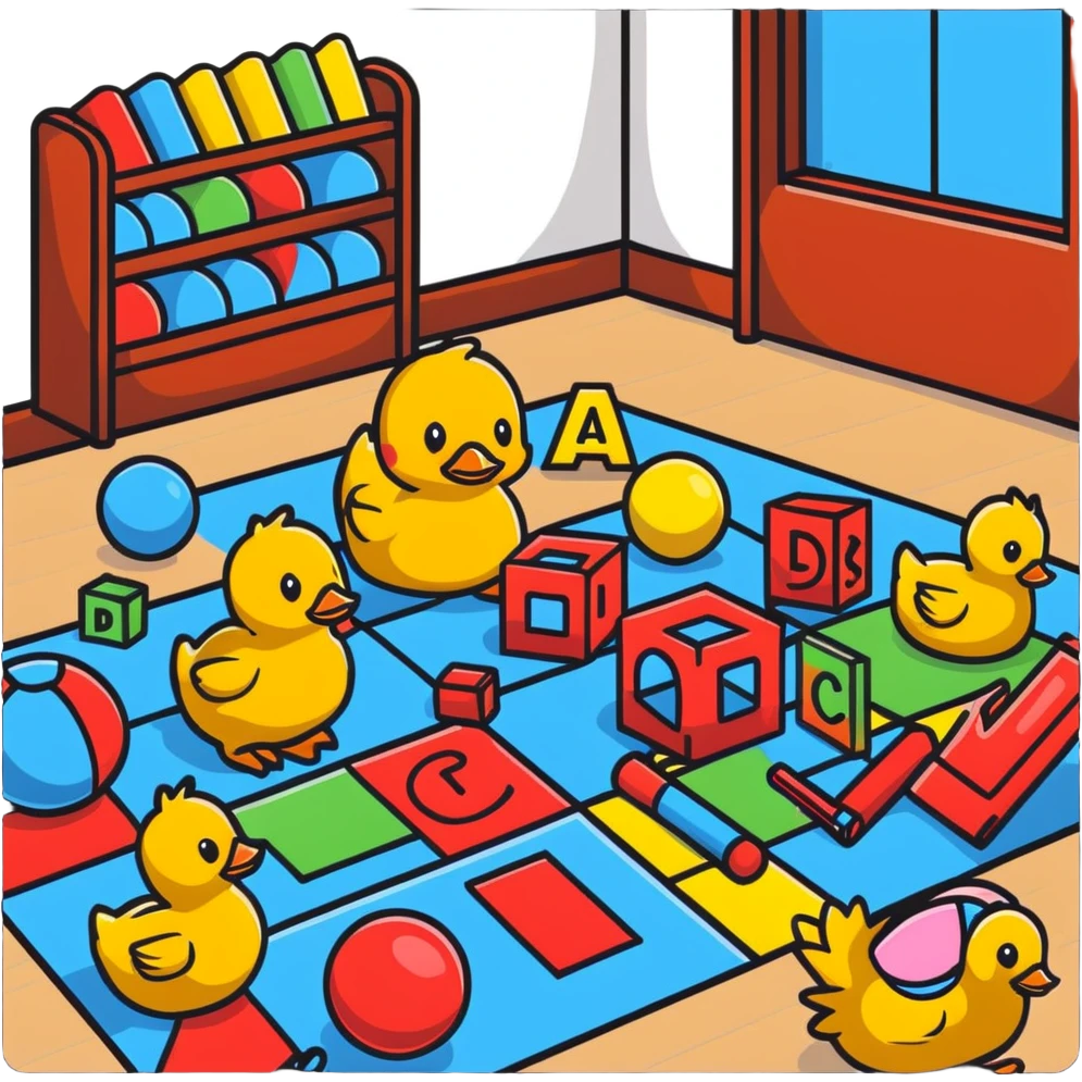 playroom floor with scattered toys - plush teddy, rubber duck, alphabet blocks, bouncy ball, action figures emoji