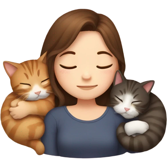 girl brown hair sleeping with 2 cats emoji