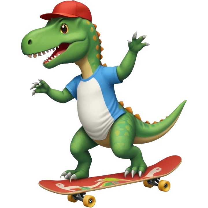 Dinosaur skateboarding at the skate park wearing a t-shirt and doing six seven and dancing emoji