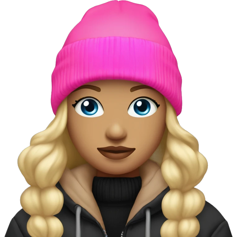 Blond girl blue eyes black hoodie brown puffer jacket neon pink nitted beanie  emoji