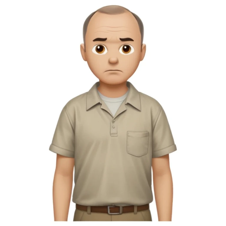 Carl from Sling Blade, serious expression, recognizable features, neutral background, full body, chin sticking out, slouching posture, no glasses, shirt with collar,  side view emoji