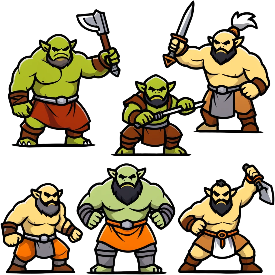 Lineage 2 fantasy characters with Orc warrior, Kamael fighter, Artea dancer, and Dwarven blacksmith emoji