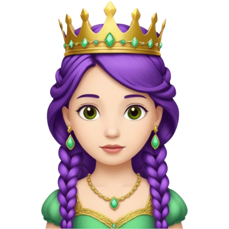Princesses, with Gold Crown on purple braid hair, with green dress emoji