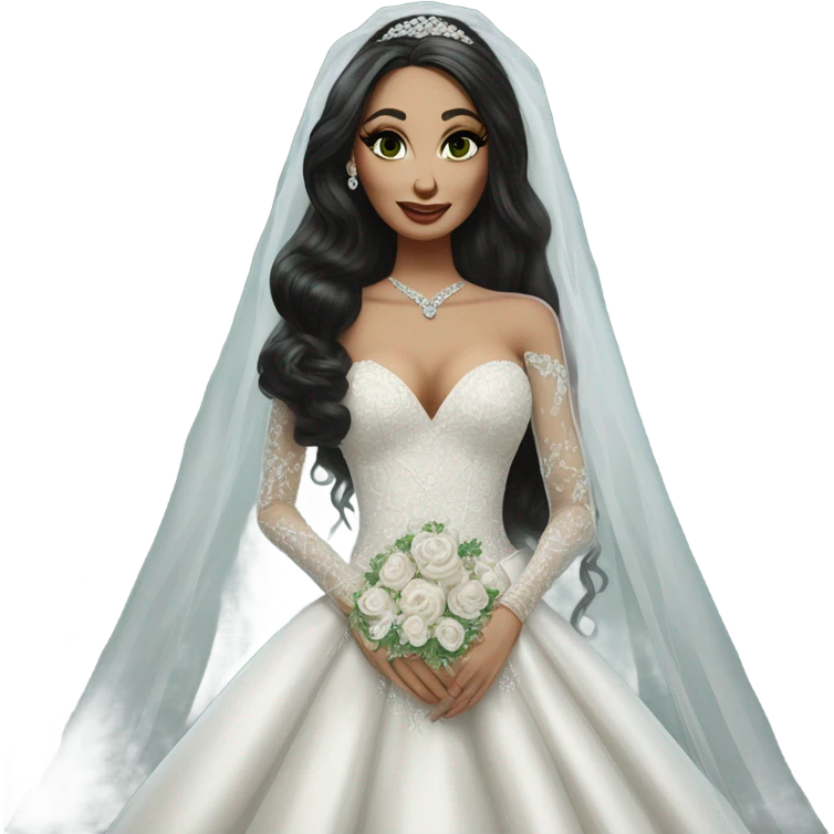 Hyper Realistic ornate ballgown long sleeve Wedding dress with diamanté on Russian bride with pale skin and green eyes and long black hair with veil and diamond jewelry hyper realistic  emoji