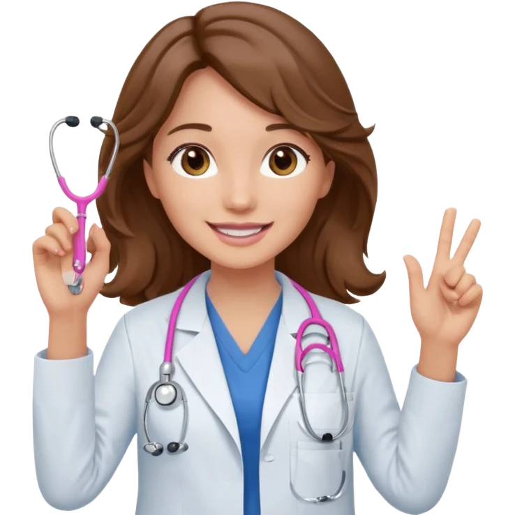 Barbie like emoji of a white woman with brown eyes and long wavy brown hair wearing blue scrubs, white lab coat, pink stethoscope, and raising one hand and a warm smile emoji
