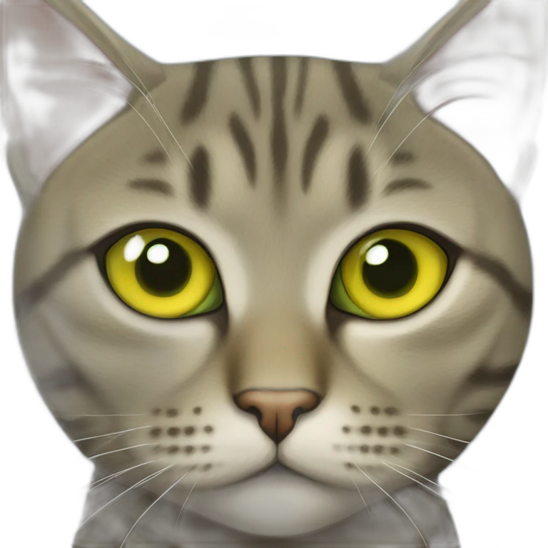 american short hair cat- tabby- a little bit fat- green yellow eyes- the distances between eyes is a little bit far emoji