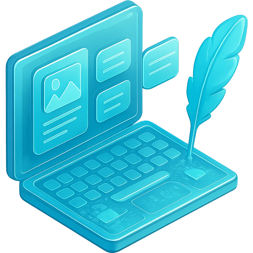 Flat icon of a laptop with a quill pen and content blocks, cyan blue emoji