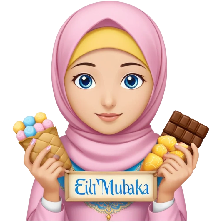 Turkish beautiful finish Konya girl blue eyes with powder pink yellow hijab islamic dress and had on her hand text Eid Mubarak with sweets and celebrating with her friends eid days   emoji