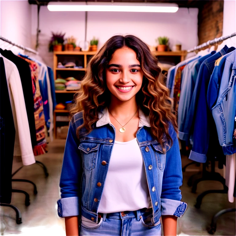 A young 25-year-old Latina entrepreneur with long, wavy hair, brown eyes full of passion, and a friendly smile. She wears recycled boho-style clothing, with an intervened denim jacket and eco-friendly accessories. He is in a textile recycling workshop surrounded by reused fabrics, mannequins and sewing machines. The lighting is warm and inviting, with sustainable fashion sketches on the walls. Sofía is designing a unique garment, transmitting creativity and determination emoji