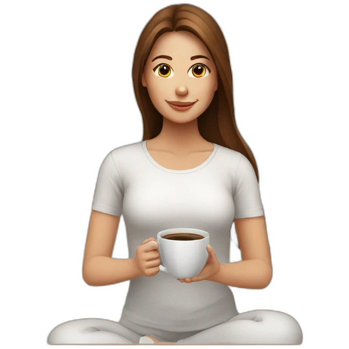 Yoga Woman white shirt long brown hair drinks coffee emoji