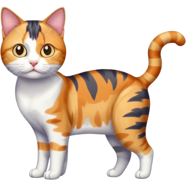 full body anxious looking colourful calico tabby cat with tiny head to large body with fully white front legs emoji