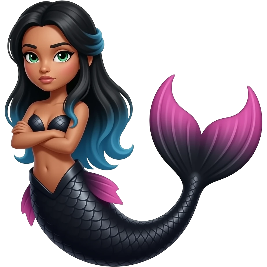 Seja sereia com cauda preta e rosa e cabelo preto e umas mexas azuis na parede das pontas e que o cabelo seja enorme de grande , que seja parda e esteja com os braços cruzados e esteja séria , e que ela tenha o olho preto verdinho emoji
