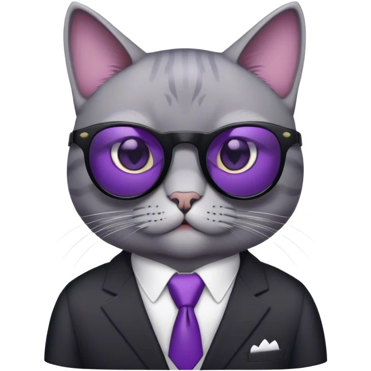 grey cat with low concentration black sunglasses and purple eyes and no pattern in the cat and wears a bellboy suit emoji