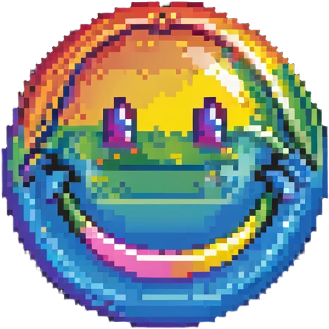 planet with rainbow gradient surface and a big happy smile emoji