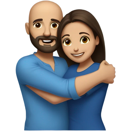Comforting hug from brunette Puerto Rican with dark brown eyes wearing a cute blue blouse to short, bald man with brown eyes, laugh lines, and a beard emoji