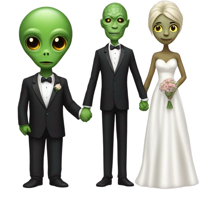 Alien reprilian woman in wedding dress and one humman man in a tuxedo holding hands getting married emoji