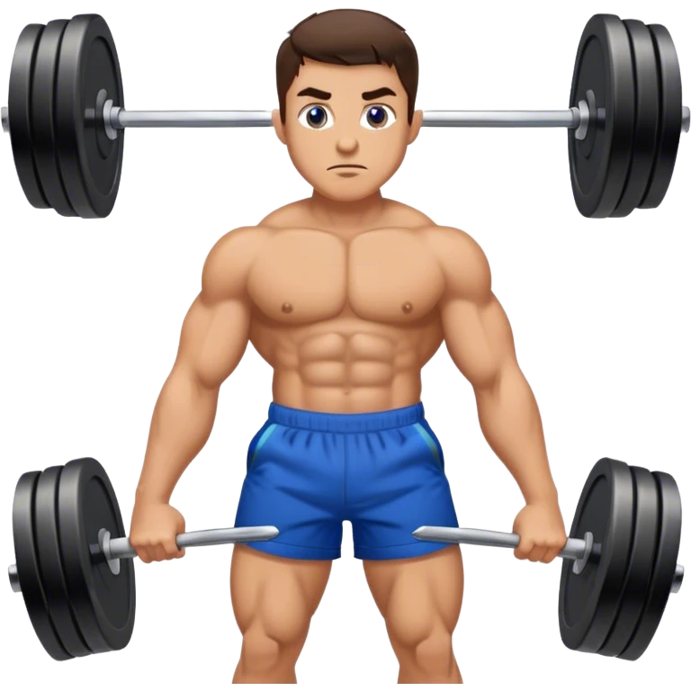 brunette buff man with blue shorts barbell-shrugs emoji