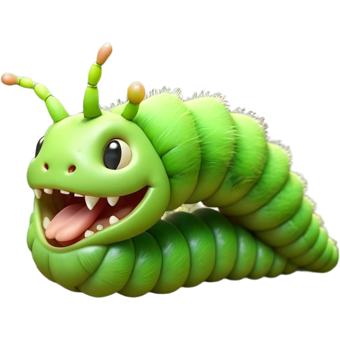 Cinematic Realistic Cute Yawning Caterpillar Portrait Emoji, Head tilted slightly with a dramatic, wide-open yawn, showcasing a soft, downy segmented body in vivid green with subtle drooping and half-closed, drowsy eyes, rendered with intricate natural texture and gentle shadows, high shine, relaxed yet expressive, styled with a dash of woodland charm, soft glowing outline, capturing the essence of a sleepy yet affectionate caterpillar that appears ready to stretch out and rest among the leaves! emoji